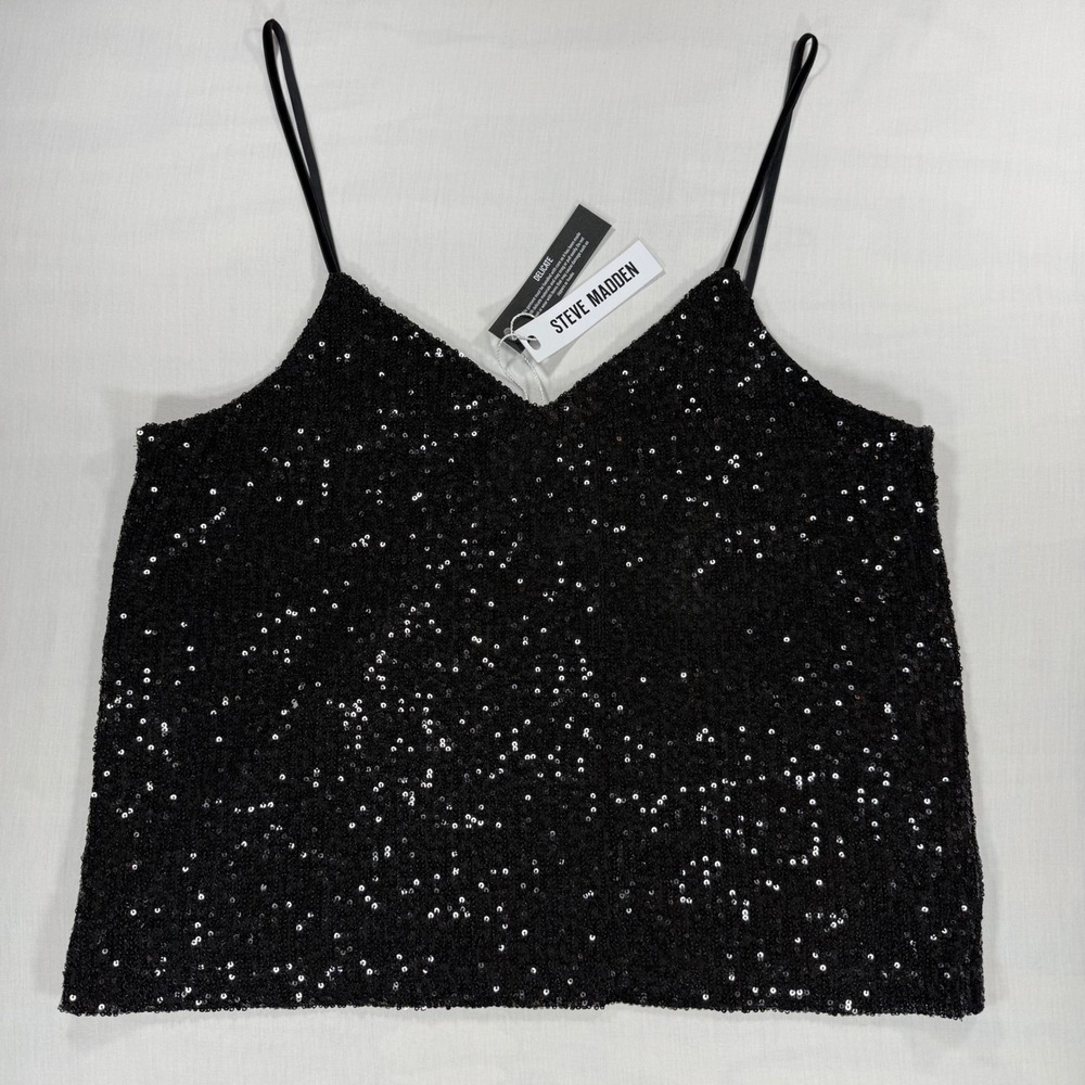 Steve Madden Hide And Sequin Camisole Tank Top Black XL V-Neck Party Shiny NWT